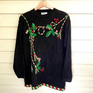 90s CHRISTMAS sweater tunic festive red green embroidered beads ALL POINTS sz S